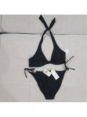 NEW Jessica Simpson Swimsuit Bikini 2 pc set Sz M Black String Tie Gold Ring